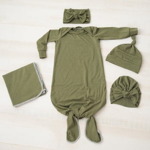 Baby Girl Coming Home Outfit// Newborn gown//Olive Green//Baby Shower// Gown, Tie Headband, Knot Hat, Turban, Swaddle, Mitts