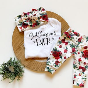 Baby Girl First Christmas Coming Home Outfit // Christmas floral // Newborn Legging // Take home outfit Best Christmas Bodysuit // Headband image 1