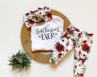 Baby Girl First Christmas Coming Home Outfit // Christmas floral  // Newborn Legging // Take home outfit Best Christmas Bodysuit // Headband