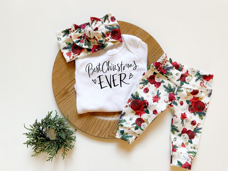 Baby Girl First Christmas Coming Home Outfit // Christmas floral // Newborn Legging // Take home outfit Best Christmas Bodysuit // Headband image 1