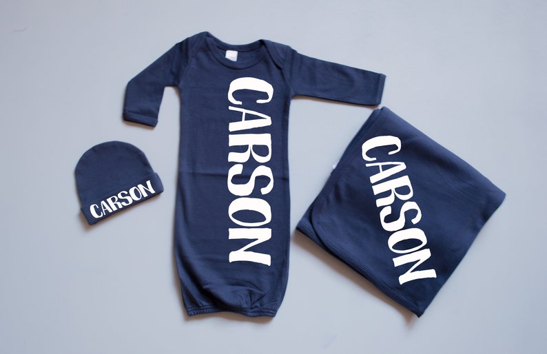 Baby Boy Coming Home Outfit // Baby Girl Coming Home Outfit // Personalized Gown, Swaddle, Hat // Navy // Name Gown // Newborn Photo Outfit image 1