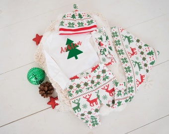 Gender Neutral Christmas Baby Boy, Baby Girl Coming Home Outfit: Organic Ugly Sweater, Fair isle reindeer pants, hat, headband, swaddle