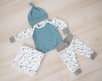 Baby Boy Coming Home Outfit // baby shower// Navy Teal Arrows Organic Cotton Pants, Knot Hat, Lap Tee, Swaddle, Mitts