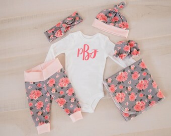 Baby Girl Coming Home Outfit: CHOOSE COMBO Coral Monogram Bodysuit, Floral Print Shorties Shorts or Legging Pants, Headband