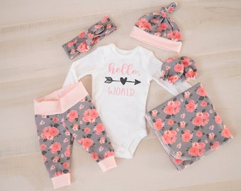 Baby Girl Coming Home Outfit: CHOOSE COMBO Pink Hello, World Bodysuit, Floral Print Shorties Shorts or Legging Pants, Headband