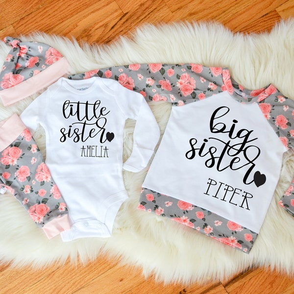 Big Sister Little Sister // Baby Girl Coming Home Outfit // Gray Floral Pants, Tie Headband, Knot Hat, Bodysuit, Swaddle, Mitts, Raglan