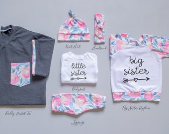 Big Sister Little Sister // Baby Girl Coming Home Outfit // Dad Shirt // Pink Bloom Pants, Headband or Hat, Bodysuit, Big Sister Raglan