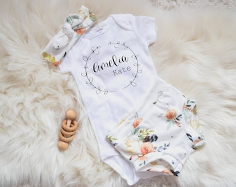Baby Girl Coming Home Outfit/Summer Clothing: Personalized Name Earthtone Bummies Shorts and Headband