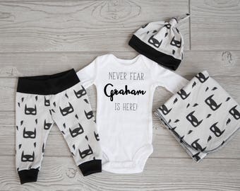 Baby Boy Coming Home Outfit CHOOSE YOUR COMBO: Organic Cotton Hero Mask Pants, Knot Top Hat, Personalized Never Fear (Name) is Here Bodysuit