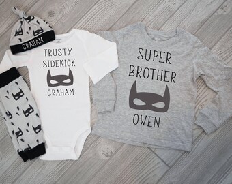 Big Brother Little Brother Coming Home Outfit, Pregnancy Announcement: Super Brother Trusty Sidekick Superhero Mask Organic Pants Hat