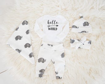 Gender Neutral Coming Home Outfit Baby Boy Baby Girl Coming Home Outfit: Organic Cotton Elephant Pants, Knot Hat, Hello, World Name Bodysuit
