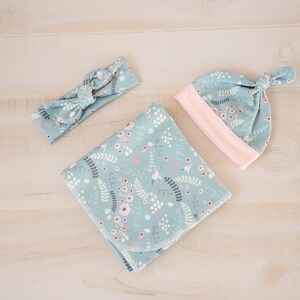 Baby Girl Coming Home Outfit// Photo prop: Organic Cotton Whimsical Floral Swaddle and Knot Top Hat OR Swaddle and Headband