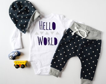 Baby Boy Coming Home Outfit: CHOOSE YOUR COMBO Hello World Triangles Bodysuit, Navy Triangle Harem Jogger Legging Pants, Slouchy Hat