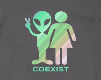 Coexist - Alien / Human Unisex T-Shirt Men's Women's Tee Funny Inspirational New Age UFO Peace Humor Gift Graphics 11:11