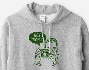 Moletom com capuz "Say Tofu Vegan" - Moletom divertido com estampa retrô de câmera