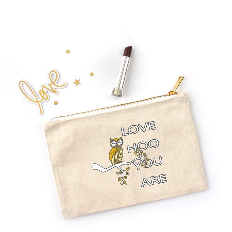 Love HOO You Are Canvas Cotton Bag Owl Beauty Make-Up Pencil Case Tote Zipper Funny Inspirational New Age Self-Love Encouragement Art Gift image 1