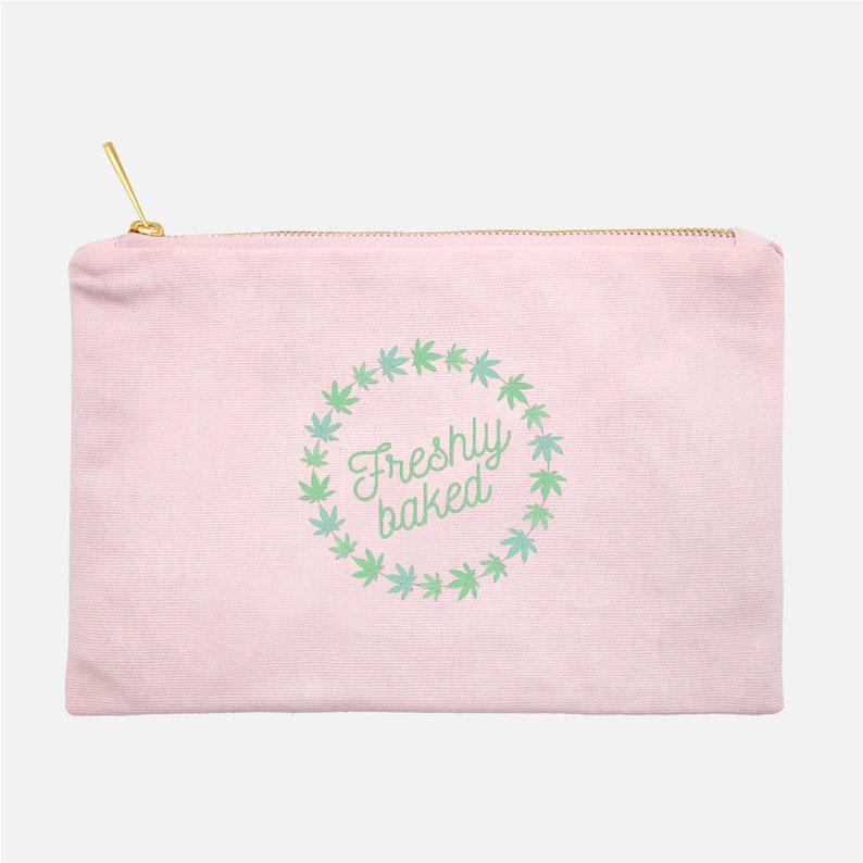 Freshly Baked Canvas Cotton Bag Cosmetics Beauty Stoner Stash Marijuana Humor Cannabis Make-Up Tote Zipper Hippie Peace Gift Pink