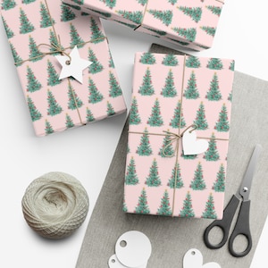 Pink Christmas Wrapping Paper: Watercolor Trees on Pink {christmas, holiday, gift wrap, vintage christmas wrapping paper}
