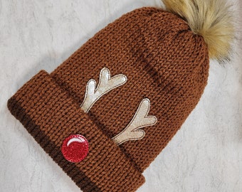 Ready to Ship Double-walled Brimmed Knit Hat, RTS, Reindeer, Rudolph Toque