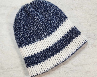 Ready to Ship Heathered Navy and Ivory Striped Double-walled Brimmed Infant Knit Hat, RTS