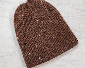 Ready to Ship Brown Tweed Double-walled Brimmed Infant Knit Hat, RTS