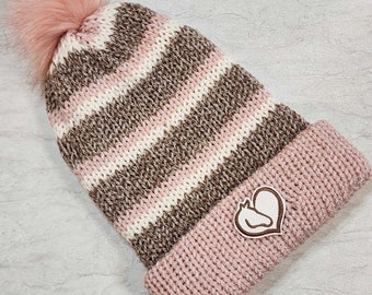 Ready to Ship Double-walled Brimmed Knit Hat, RTS, Horse Love Heart Toque