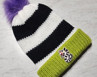 Ready to Ship Double-walled Brimmed Knit Hat, RTS, Beetlejuice Tim Burton Toque