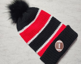 Ready to Ship Double-walled Brimmed Knit Hat, RTS, Red and Black Football Toque