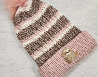 Ready to Ship Double-walled Brimmed Knit Hat, RTS, Peace Sloth Beanie, Toque