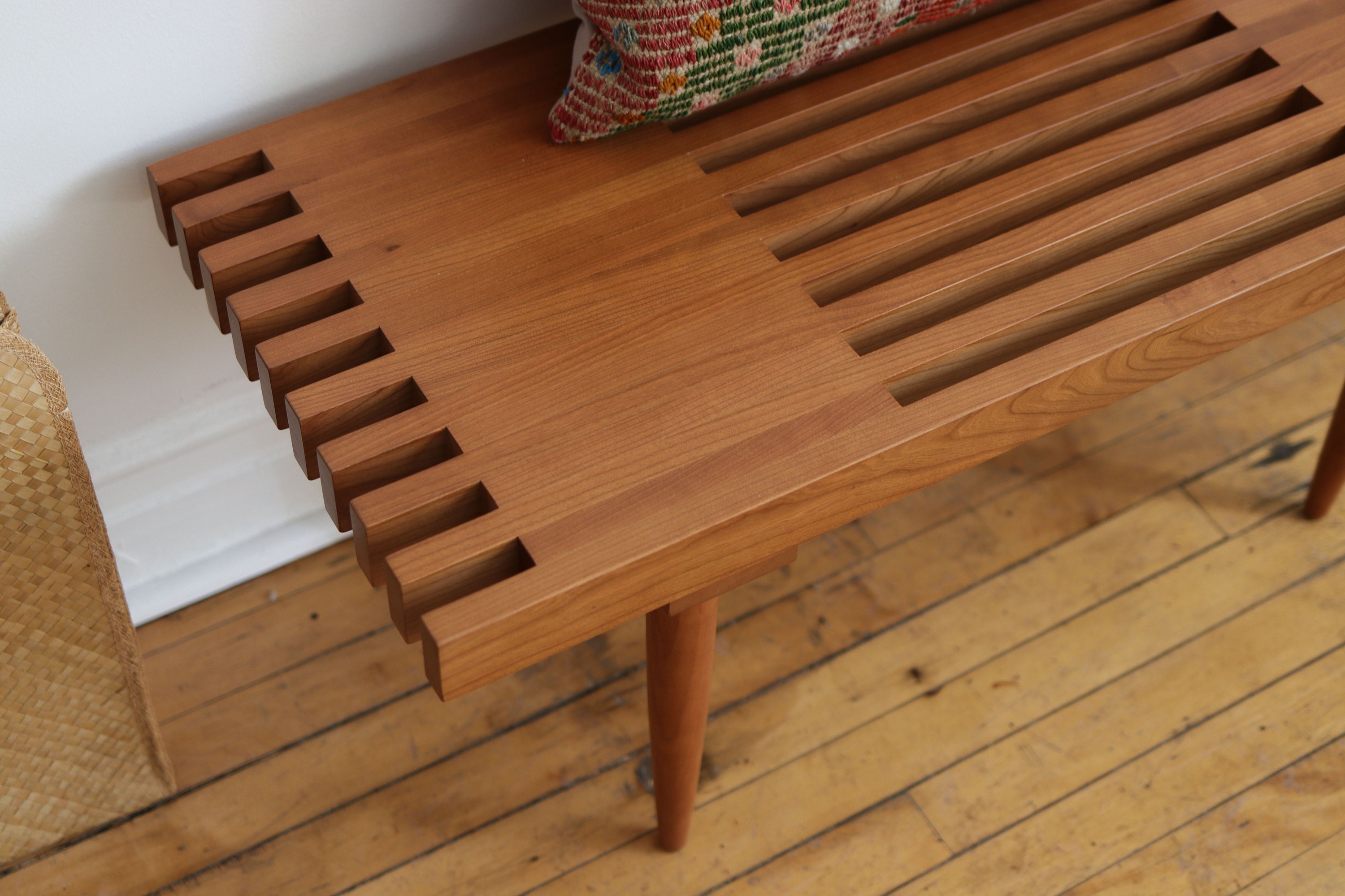 Handmade Mid Century Modern Inspired 3 Maple Slat Bench Coffee