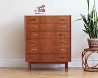 Mid Century Danish Modern Locking Teak Highboy Dresser