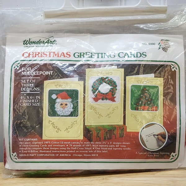 WonderArt Creative NeedleCrafts, Needlepoint Christmas Greeting Cards, 12 Count Mesh Canvas, 3 Cards Measure 5' x 6", Vintage Estate Item