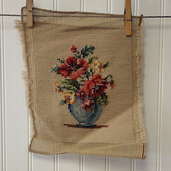 Vintage Preworked Needlepoint Canvas, Red Roses in Blue Vase, Size 8.5 by 7 Inches, 100% Wool Yarn Stitching