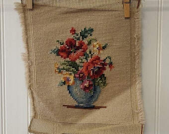 Vintage Preworked Needlepoint Canvas, Red Roses in Blue Vase, Size 8.5 by 7 Inches, 100% Wool Yarn Stitching