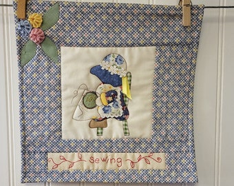 Small Quilted Wall Hanging, Holly Hobbie Stitching Girl, 10" x 10"
