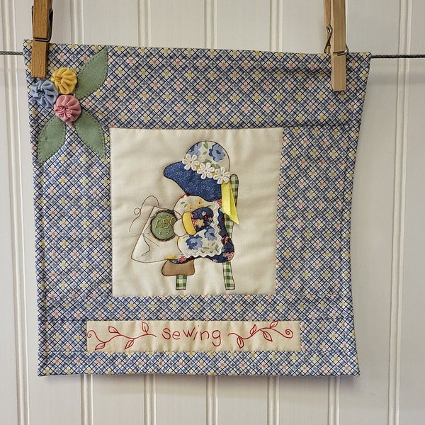 Small Quilted Wall Hanging, Holly Hobbie Stitching Girl, 10" x 10"