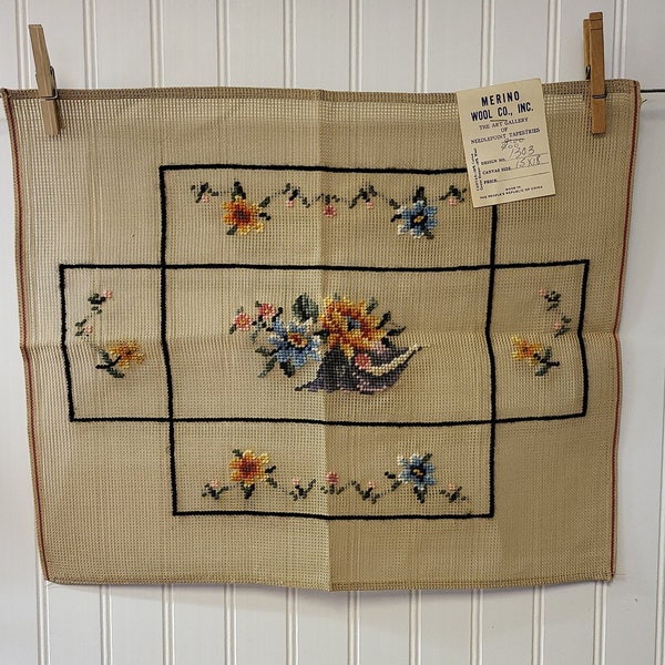 Merino Wool Company, Vintage Preworked Needlepoint Canvas, Design Number 1303, Measures 15 by 18 Inches, 100% Cotton Canvas & Wool Yarn