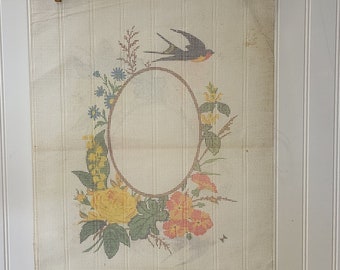 Vintage Preprinted Needlepoint Canvas, Large Size 22 by 15 Inches, Bird With Flowers, Easy To Make, Estate Sale Item