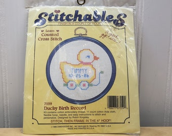 Stitchables Ducky Birth Record, Vintage Counted Cross Stitch Kit, Number 7559, 4" Hoop Frame, 11 Count Aida Cloth, Designed Robin Kingsley