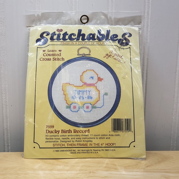 Stitchables Ducky Birth Record, Vintage Counted Cross Stitch Kit, Number 7559, 4" Hoop Frame, 11 Count Aida Cloth, Designed Robin Kingsley