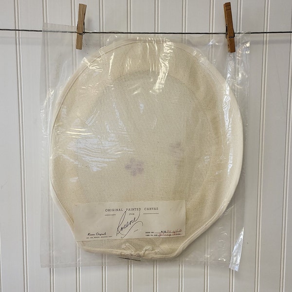 Rosene Original Painted Canvas Johnny Cover, Needlepoint Oval Toilet Seat Cover, Stock No N 10301 White, Vintage Estate Sale Item