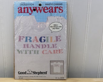 Anywears Counted Cross Stitch Waste Canvas, Fragile Handle With Care, Kit Number 83648, Design Size 3" x 7", Vintage Cross Stitch Pattern