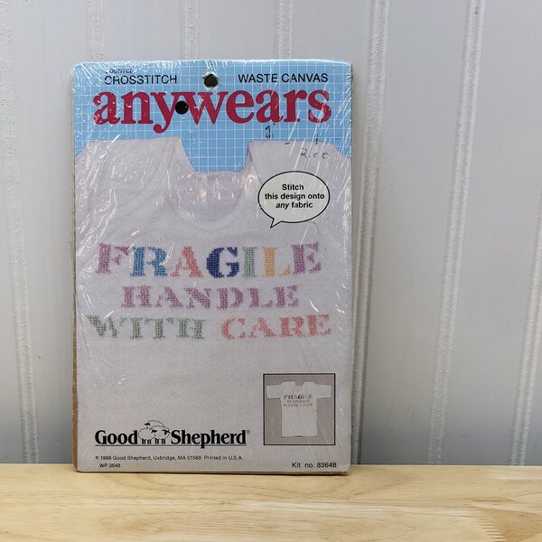 Anywears Counted Cross Stitch Waste Canvas, Fragile Handle With Care, Kit Number 83648, Design Size 3" x 7", Vintage Cross Stitch Pattern