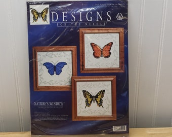 Signature Series Designs For The Needle, Counted Cross Stitch Kit, Nature's Window Butterfly Trio, Three Designs 7 by 7 Inches, Kit 5409