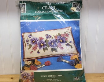 The Craft Collection, Pansy Cushion, Needlepoint Pillow, Floral Needlework, 18 x 11 Cushion, 14 Mesh Printed Canvas, Wool Yarn Canvas, Kits