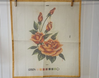 Painted Needlepoint Canvas, Pink Roses, Large Canvas Measures 16 by 18 Inches, Vintage Estate Sale Item, Make a Pillow or Wallhanging