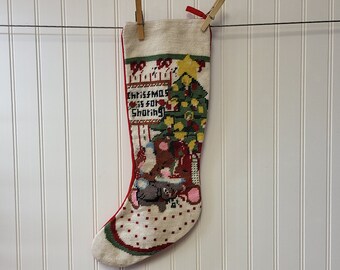 Windsor Collection Christmas Stocking, Christmas is for Sharing Finished Needlepoint Stocking, 18" Tall by 9" Wide, Red Velvet Backing