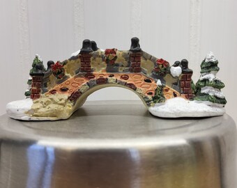 Enchanted Village Christmas Decoration, Miniature Bridge With Trees Figurine, Winter Town Display, Wreath Maker Supplies, Crafting Item