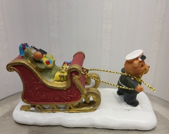 Holiday Time Christmas Decoration, Miniature Teddy Bear With Gift Sleigh Figurine, Winter Town Display, Wreath Maker Supplies, Crafting Item