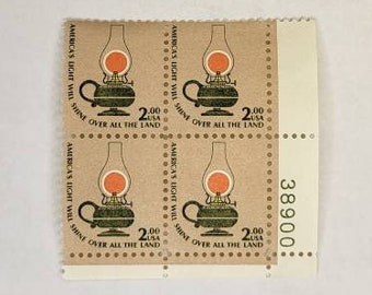 Kerosene Lamp Stamp, 2 Dollar Stamp, Numbered Plate Block, Vintage Stamps, Mint Condition Stamp, Never Hinged Stamp, Unused Stamps, USPS